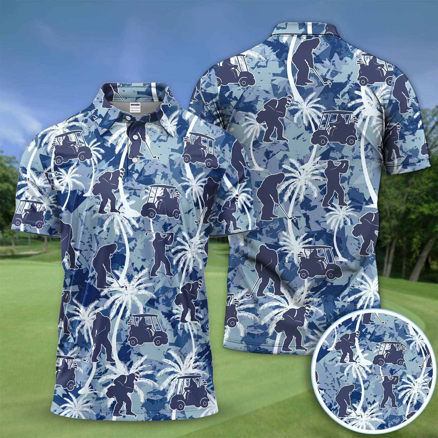 Funny Bigfoot Golf Cart Palm Tree Pattern Shirt, Sasquatch Golf Shirt For Men, Golfer Vacation Gift