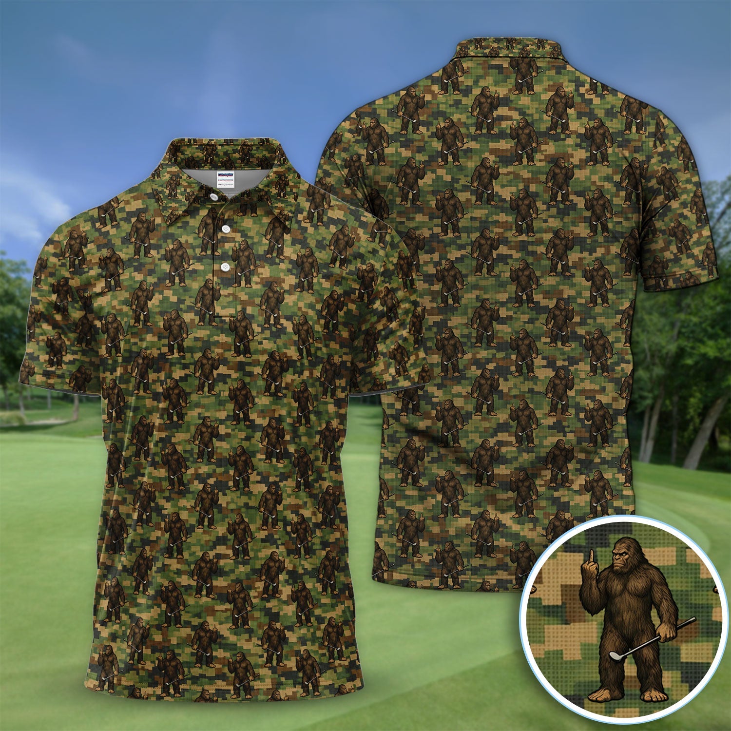 Bigfoot Golfer Camo Pattern Golf Shirt, Sasquatch Middle Finger Golf Shirt For Men, Golfer Gift