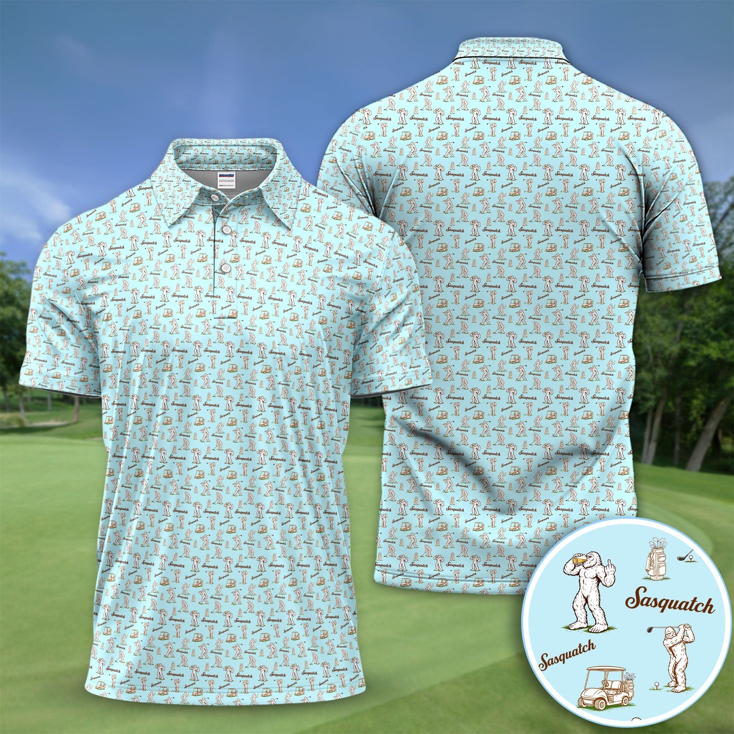 Vintage Sasquatch Golf Polo Shirt, Light Blue Bigfoot Pattern Shirt, Funny Golfer Gift For Men