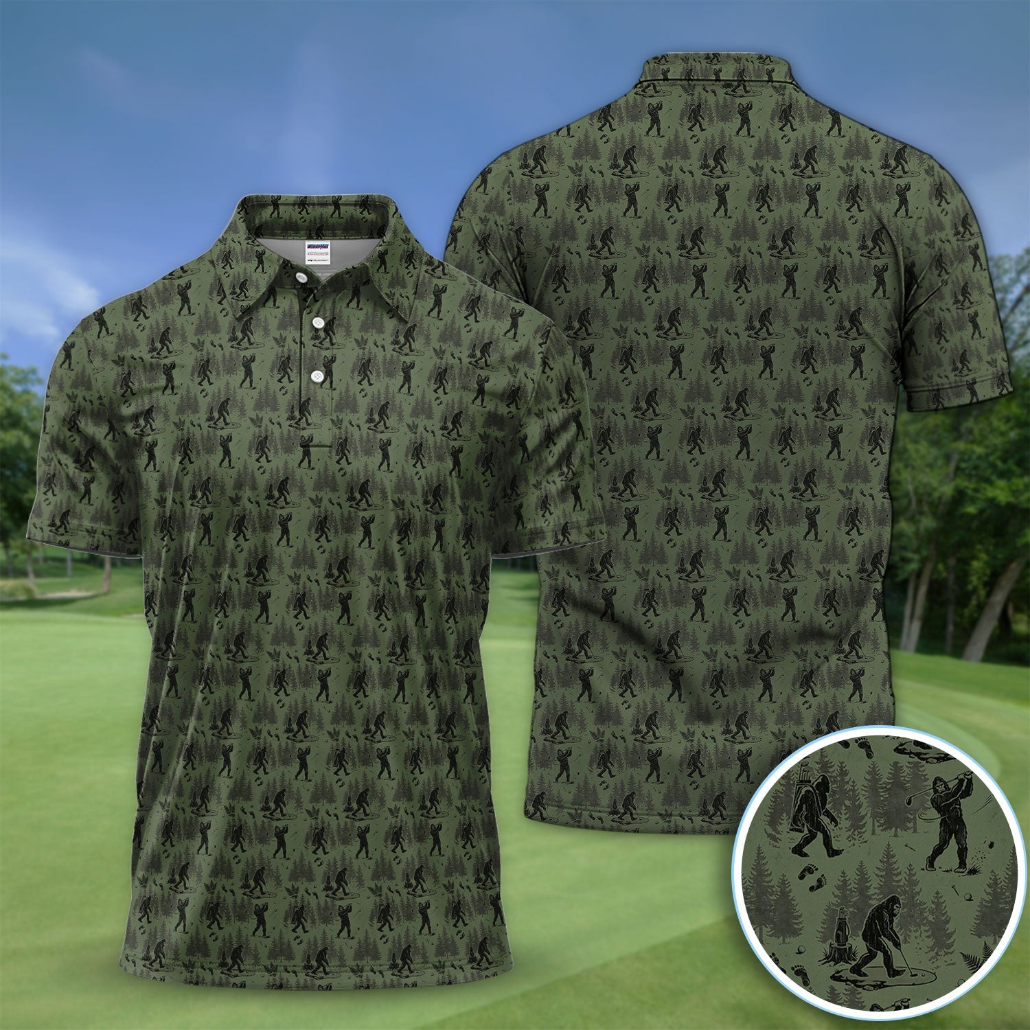 Bigfoot Forest Golf Polo Shirt, Sasquatch Camouflage Pattern Shirt For Men, Gofer Gift