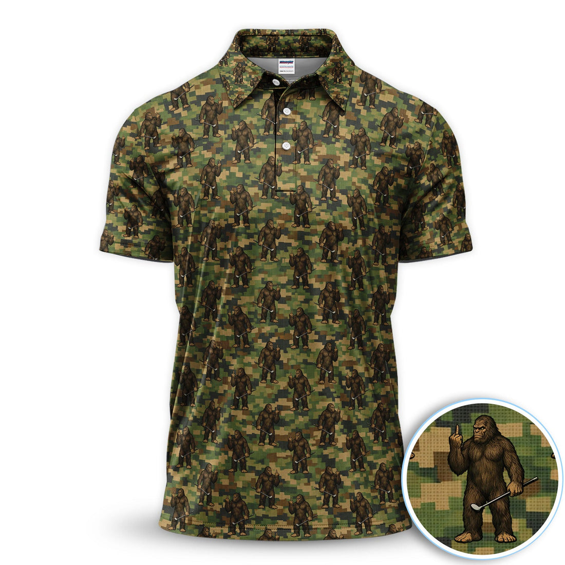Bigfoot Golfer Camo Pattern Golf Shirt, Sasquatch Middle Finger Golf Shirt For Men, Golfer Gift