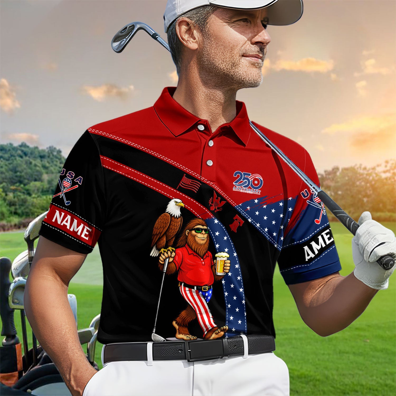 Funny Patriotic Golf Polos, Bigfoot Eagle Beer Pattern Shirt For Men, USA Golf Vibes