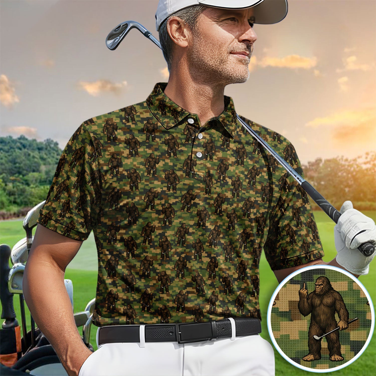 Bigfoot Golfer Camo Pattern Golf Shirt, Sasquatch Middle Finger Golf Shirt For Men, Golfer Gift