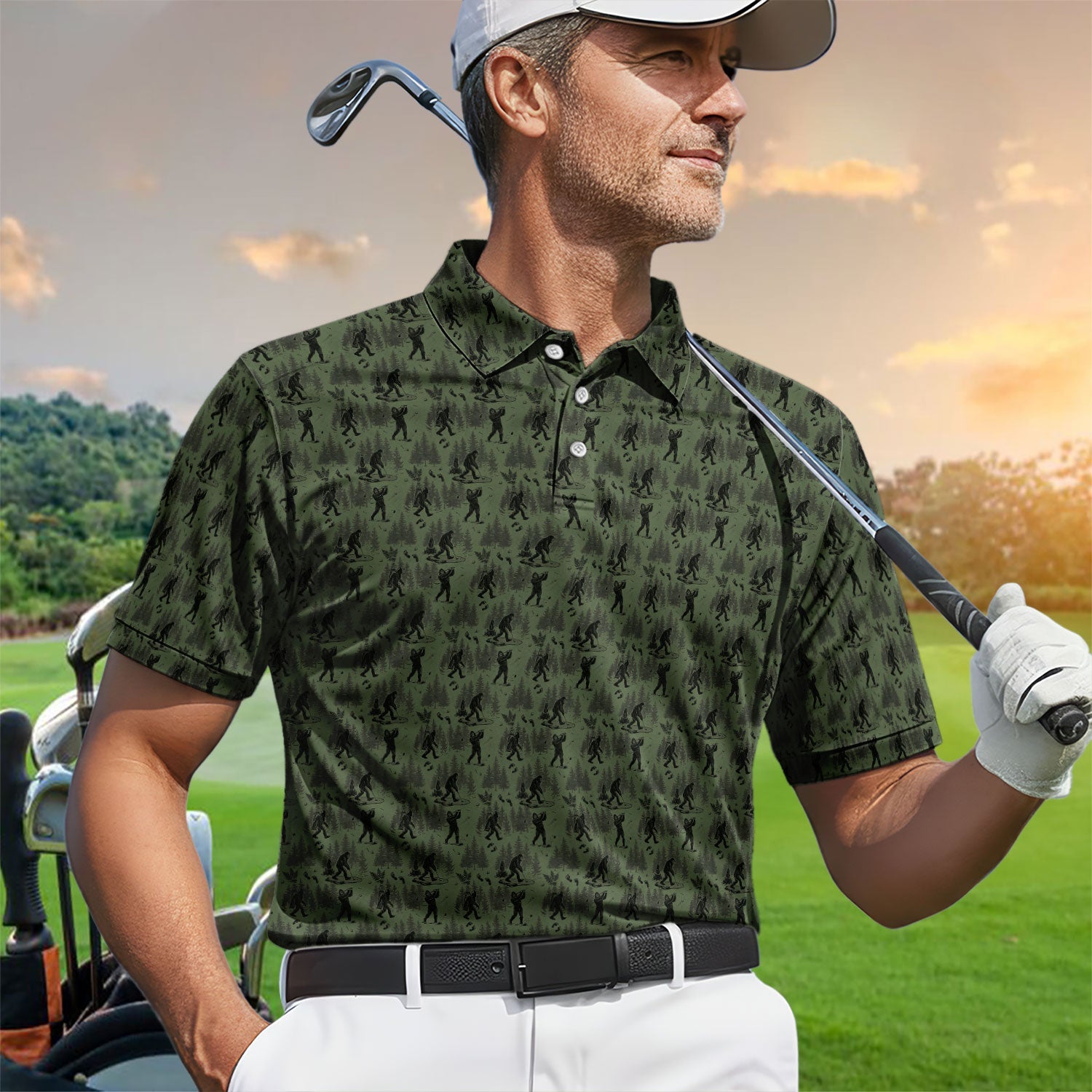 Bigfoot Forest Golf Polo Shirt, Sasquatch Camouflage Pattern Shirt For Men, Gofer Gift