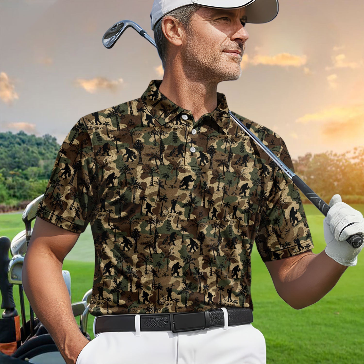 Bigfoot Camo Golf Polo Shirt, Funny Sasquatch Camouflage Polo For Men, Outdoor Golf Shirt
