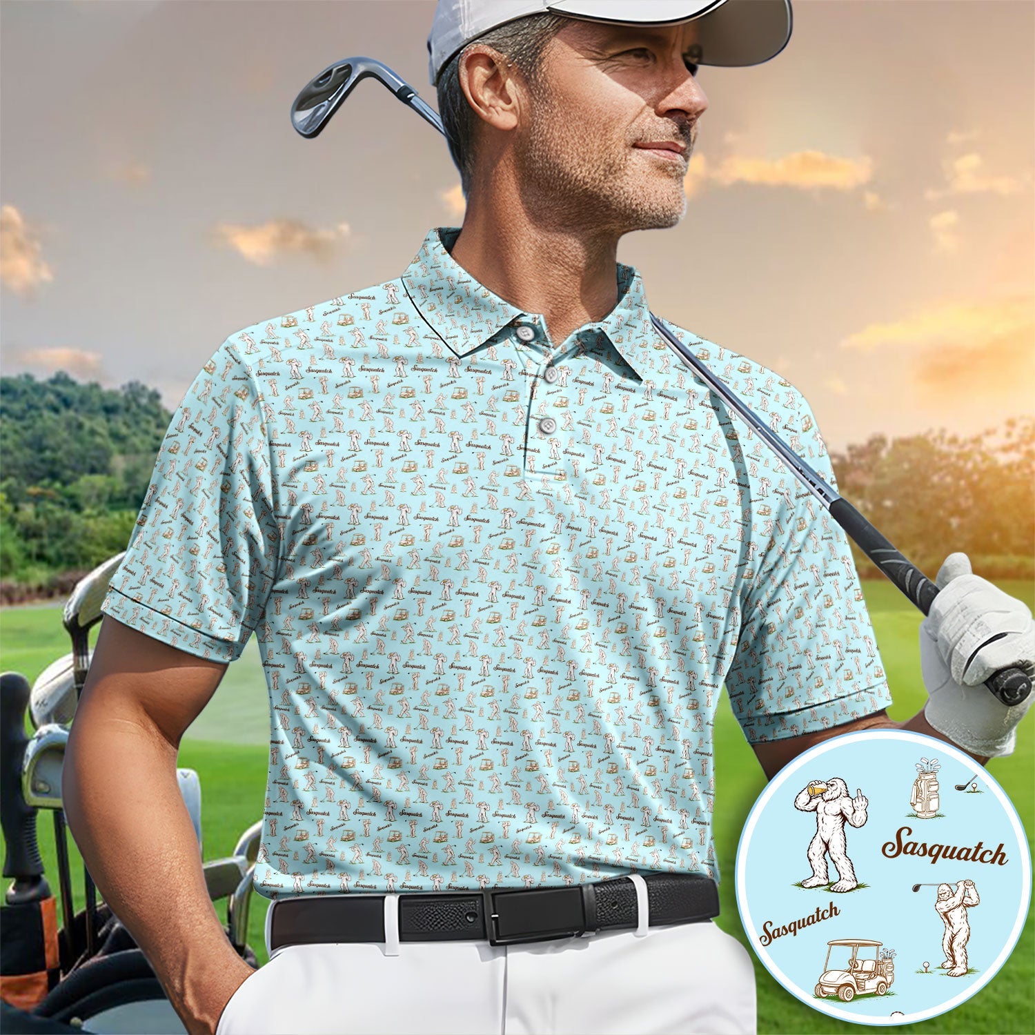 Vintage Sasquatch Golf Polo Shirt, Light Blue Bigfoot Pattern Shirt, Funny Golfer Gift For Men