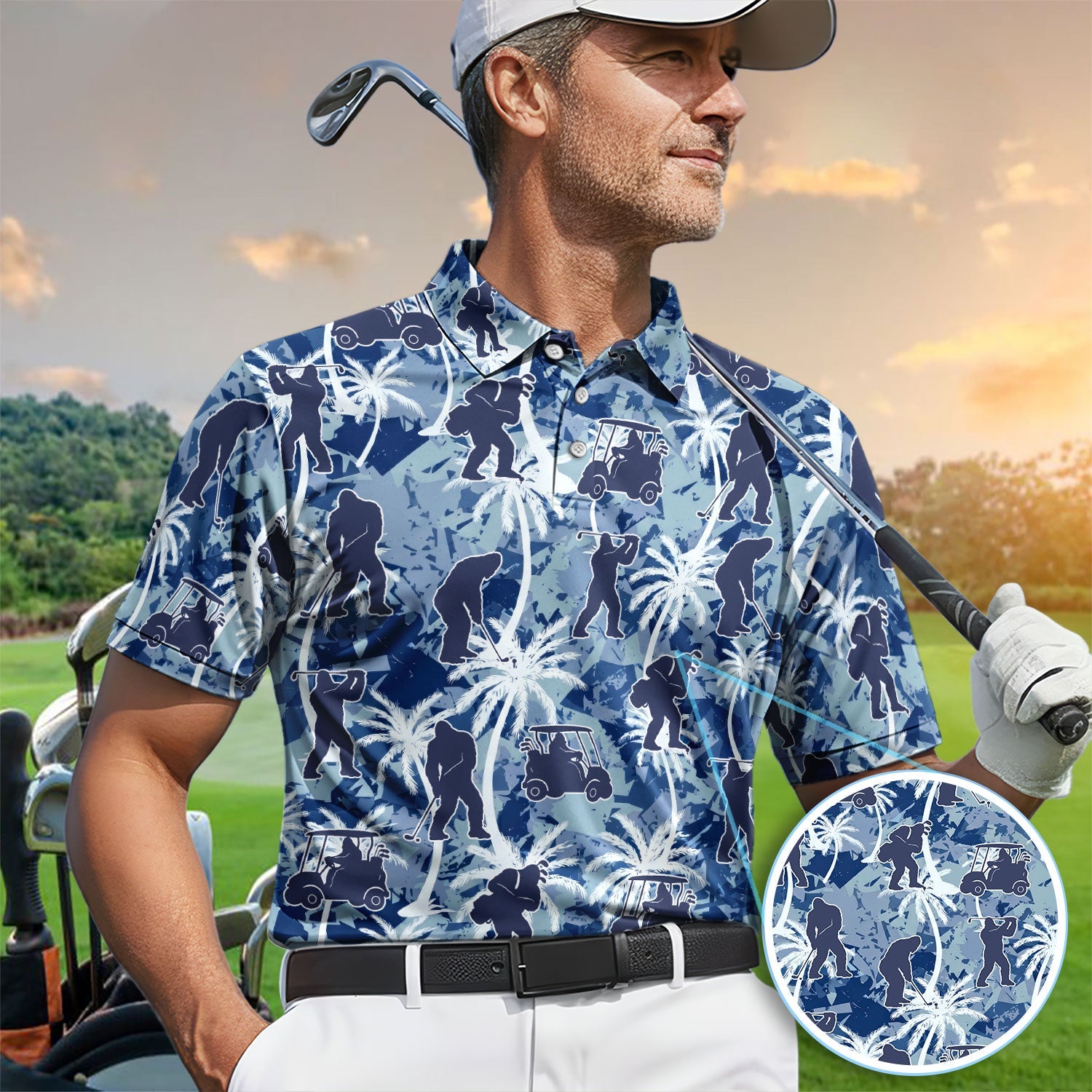 Funny Bigfoot Golf Cart Palm Tree Pattern Shirt, Sasquatch Golf Shirt For Men, Golfer Vacation Gift