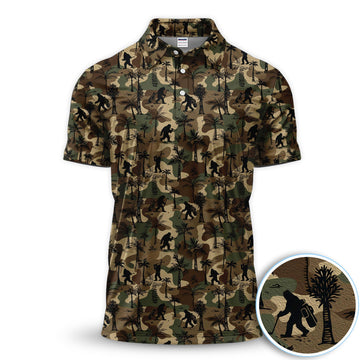 Bigfoot Camo Golf Polo Shirt, Funny Sasquatch Camouflage Polo For Men, Outdoor Golf Shirt