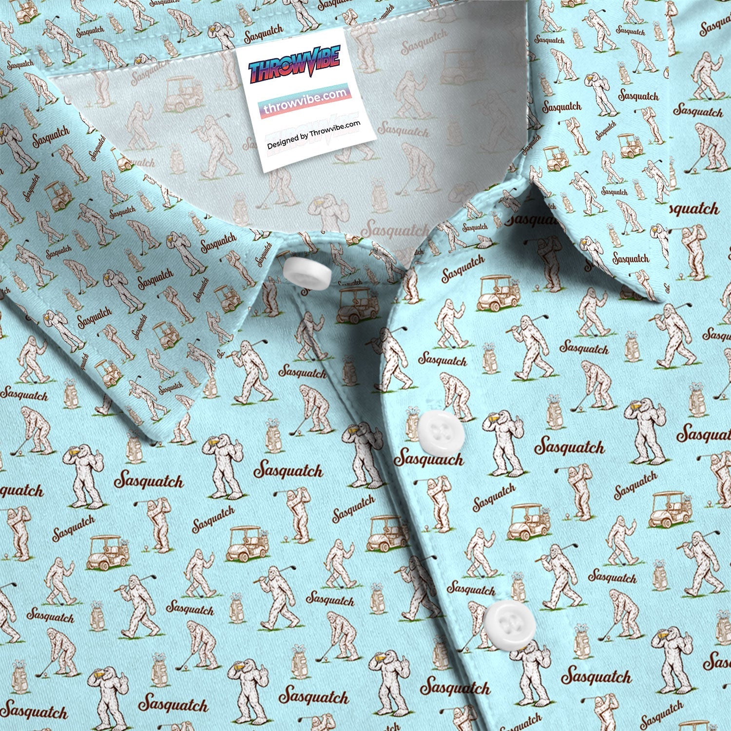 Vintage Sasquatch Golf Polo Shirt, Light Blue Bigfoot Pattern Shirt, Funny Golfer Gift For Men
