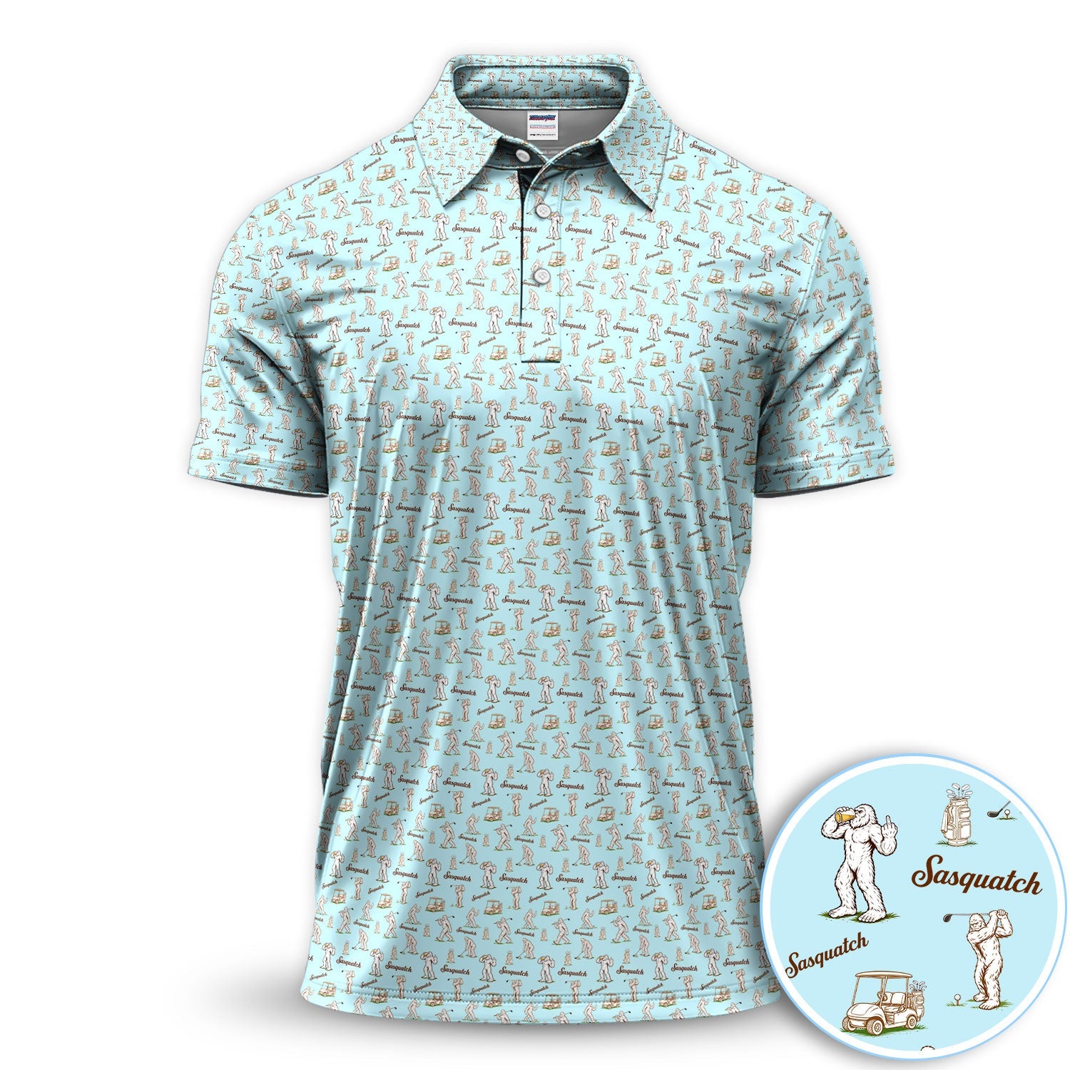 Vintage Sasquatch Golf Polo Shirt, Light Blue Bigfoot Pattern Shirt, Funny Golfer Gift For Men
