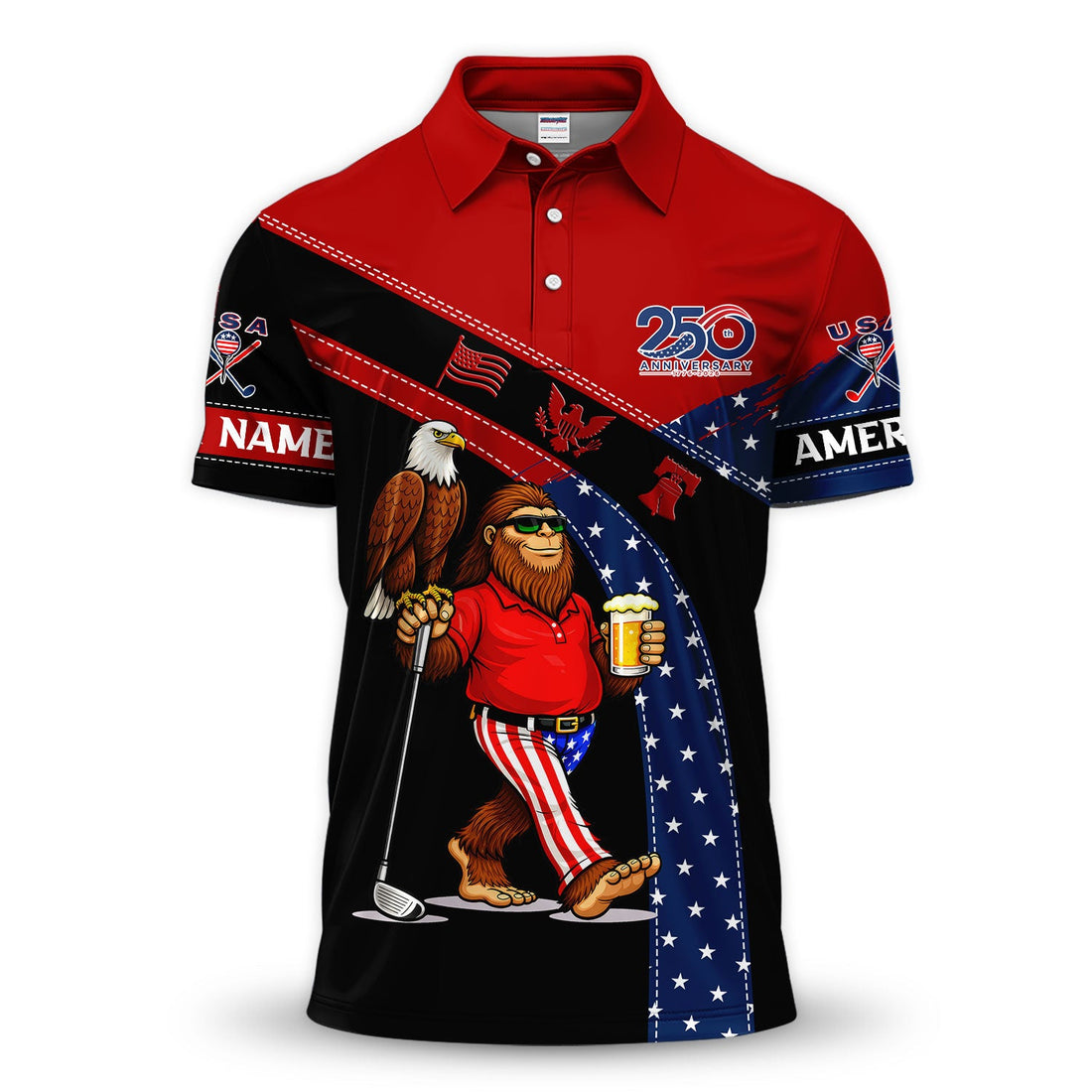 Funny Patriotic Golf Polos, Bigfoot Eagle Beer Pattern Shirt For Men, USA Golf Vibes