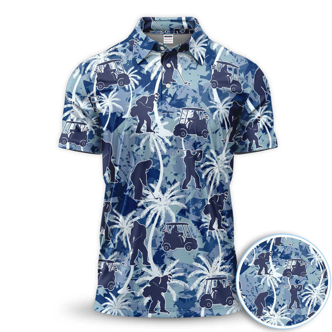 Funny Bigfoot Golf Cart Palm Tree Pattern Shirt, Sasquatch Golf Shirt For Men, Golfer Vacation Gift