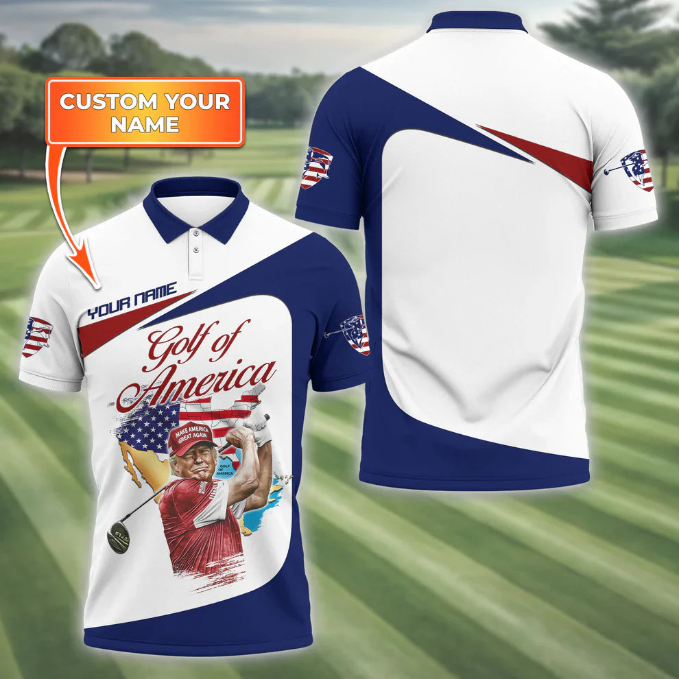 Custom Name Trump Golf of America Polo Shirt - MAGA Make America Great Again Men's Golf Shirt, Patriotic Trump Golfing Apparel