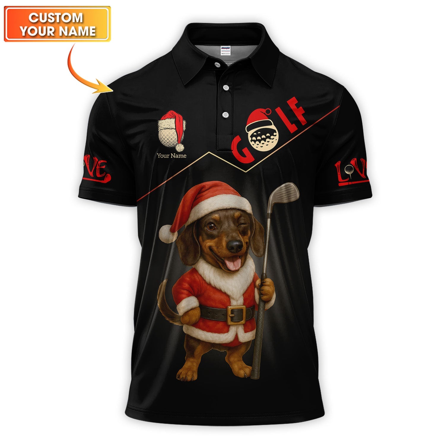 Personalized Dachshund Santa Golf Polos, Custom Name Christmas Golf Shirt, Golf Gift For Dog Lover