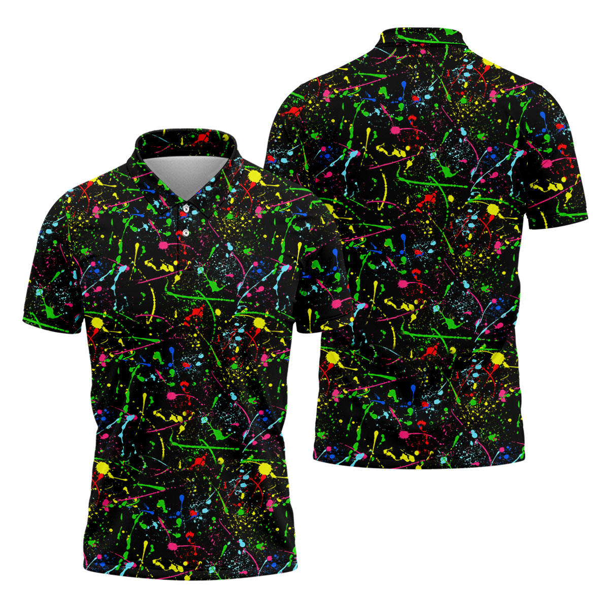 Black Neon Paint Splatter Golf Shirt, Men's Golf Shirt, Golf Apparel For Men