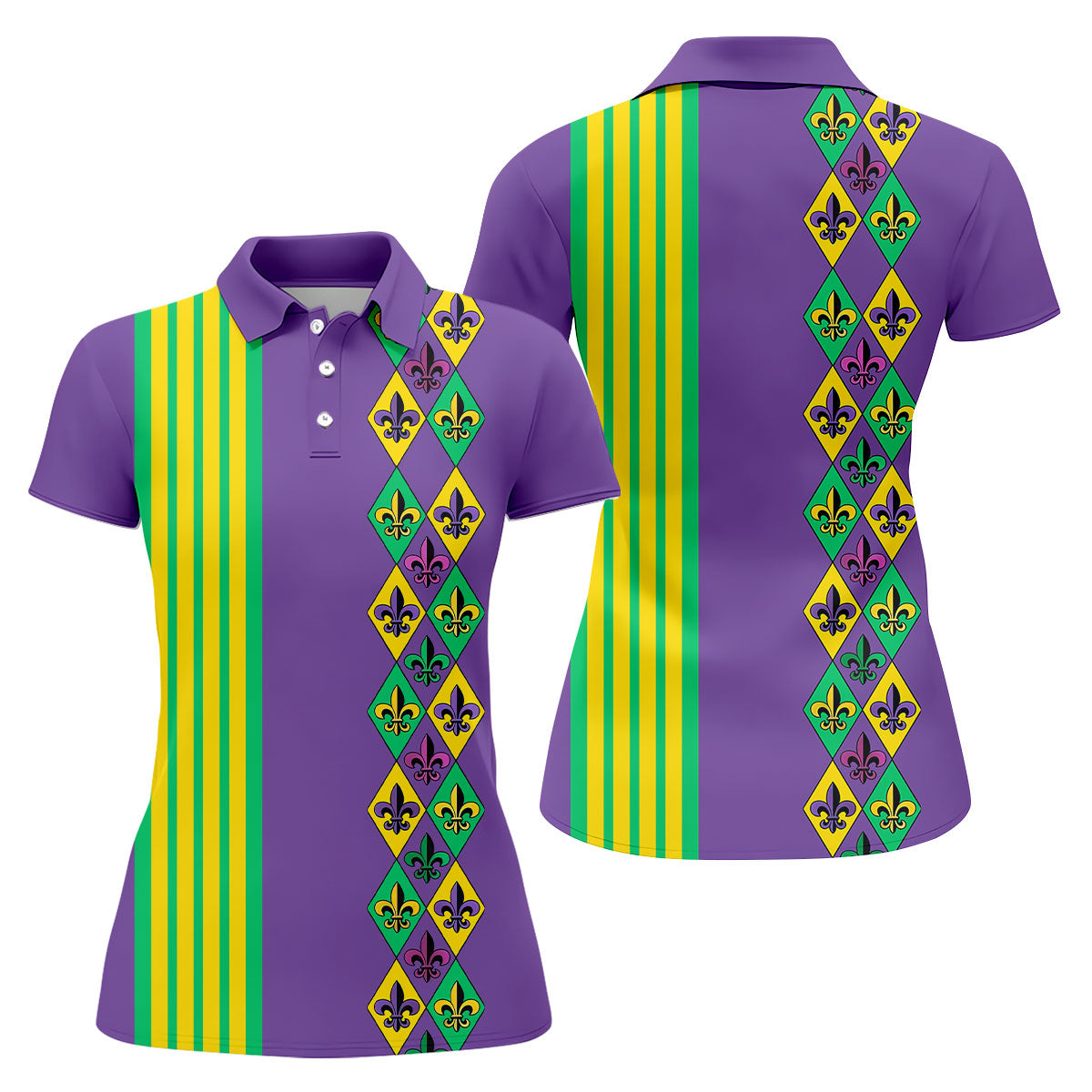Fleur De Lis Argyle Pattern Purple Green Gold Stripes Women's Golf Shirts, Ladies Golf Polos, Golf Shirt For Women
