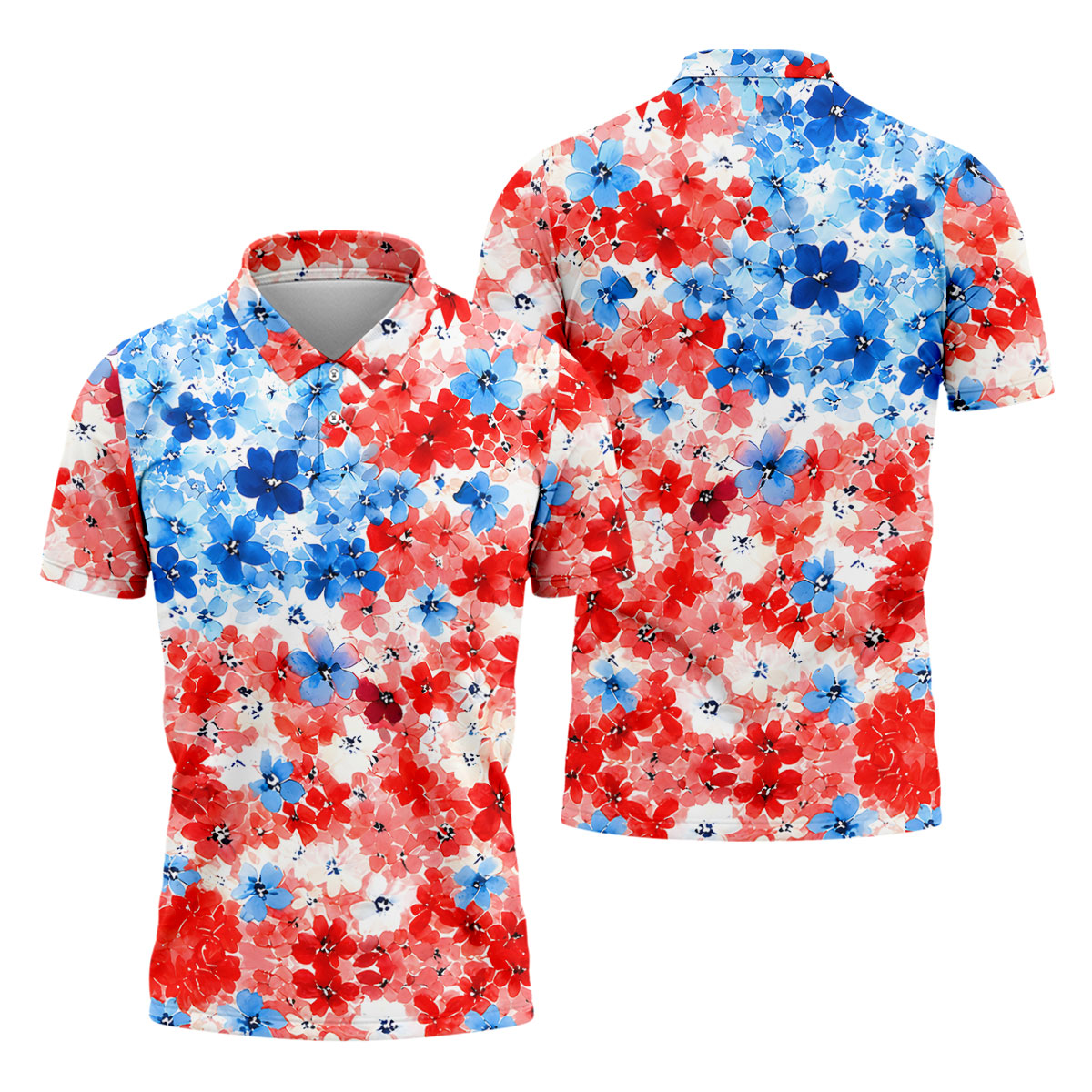 Patriotic Floral Golf Shirt, Red White Blue Blossom Pattern, Golf Shirt For Men