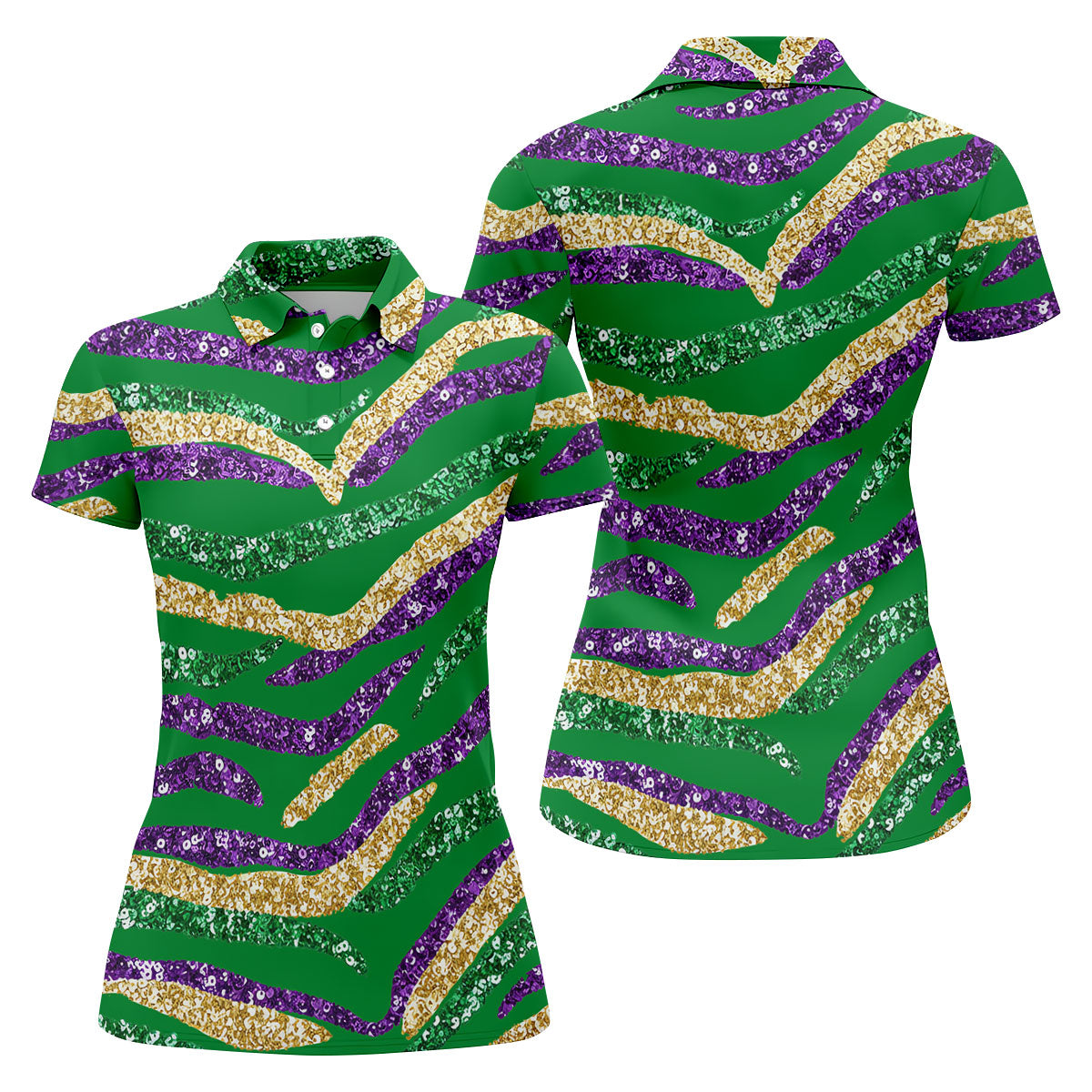 Purple Green Gold Sequin Pattern Green Golf Shirt, Mardi Gras Golf Shirt, Women's Golf Tops, Ladies Golf Shirts