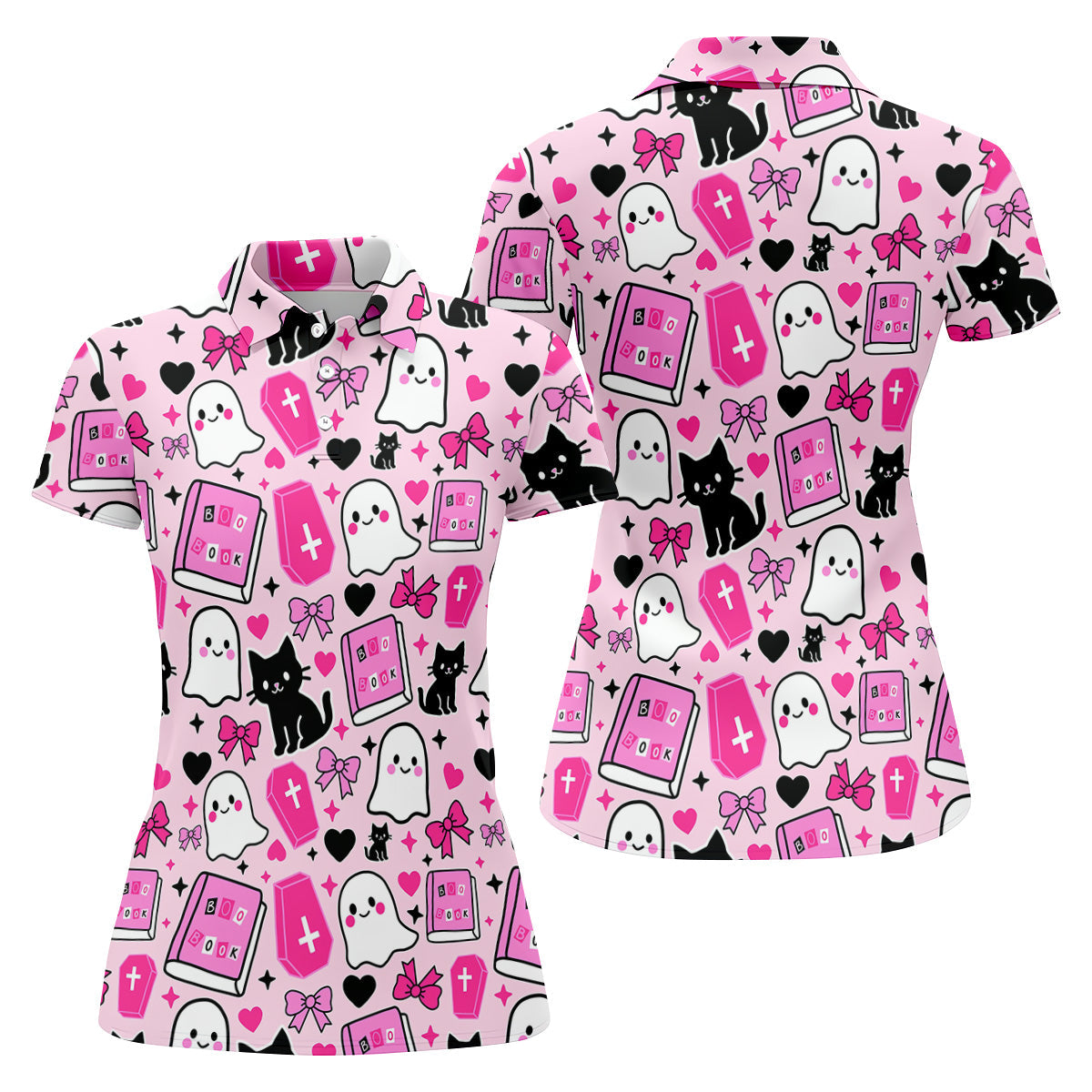 Halloween Boo And Cat Coquette Pink Women Golf Top, Cute Golf Outfit, Ladies Golf Shirts