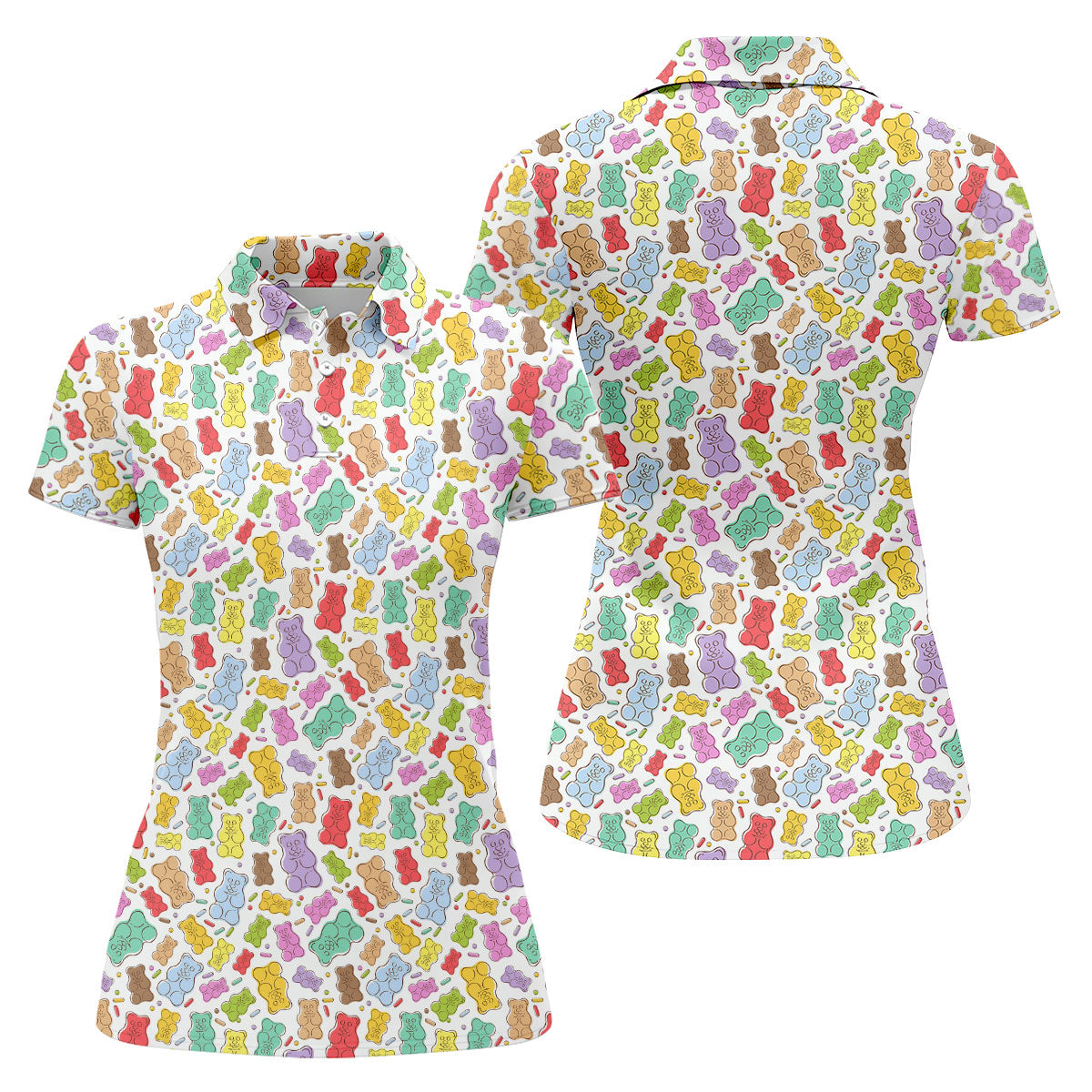 Gummy Bear Golf Shirt, Colorful Candy Pattern Men's Golf Polo, Polo Shirts For Women