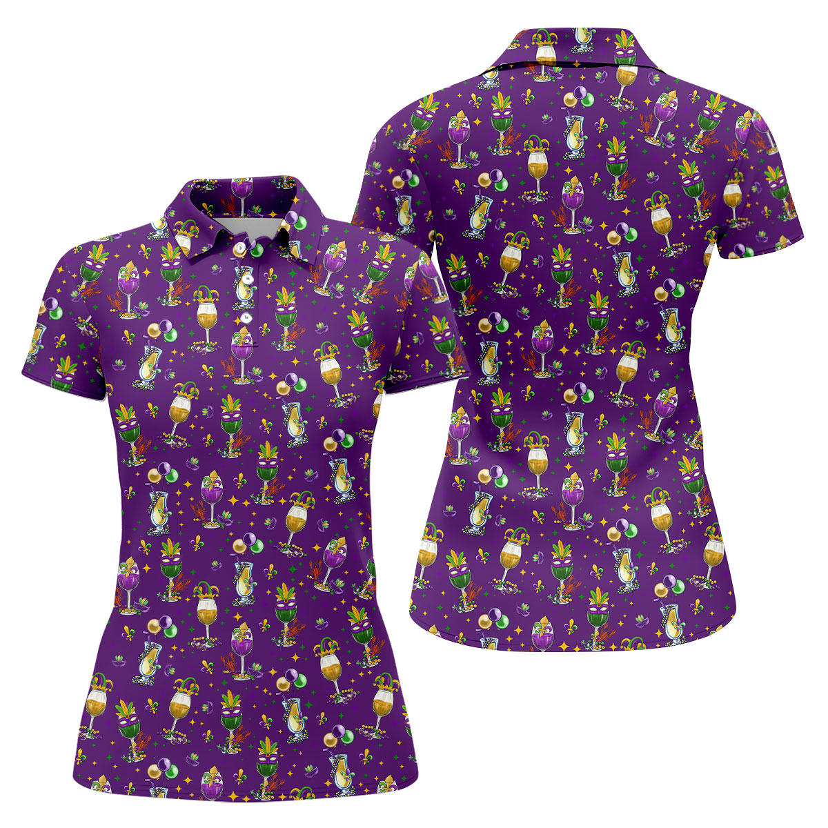 Mardi Gras Wine Glass Beaded Garland Fleur De Lis Purple Golf Shirt, Women's Golf Tops, Ladies Golf Polos