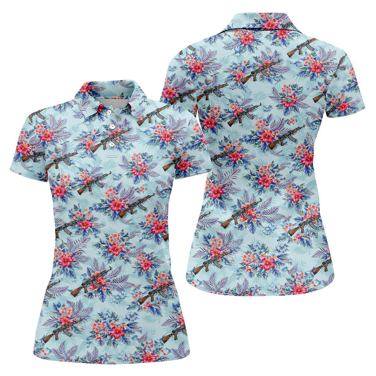 Hawaiian Floral Military Theme Light Blue Golf Shirt, Ladies Golf Shirts, Women's Polo Shirt