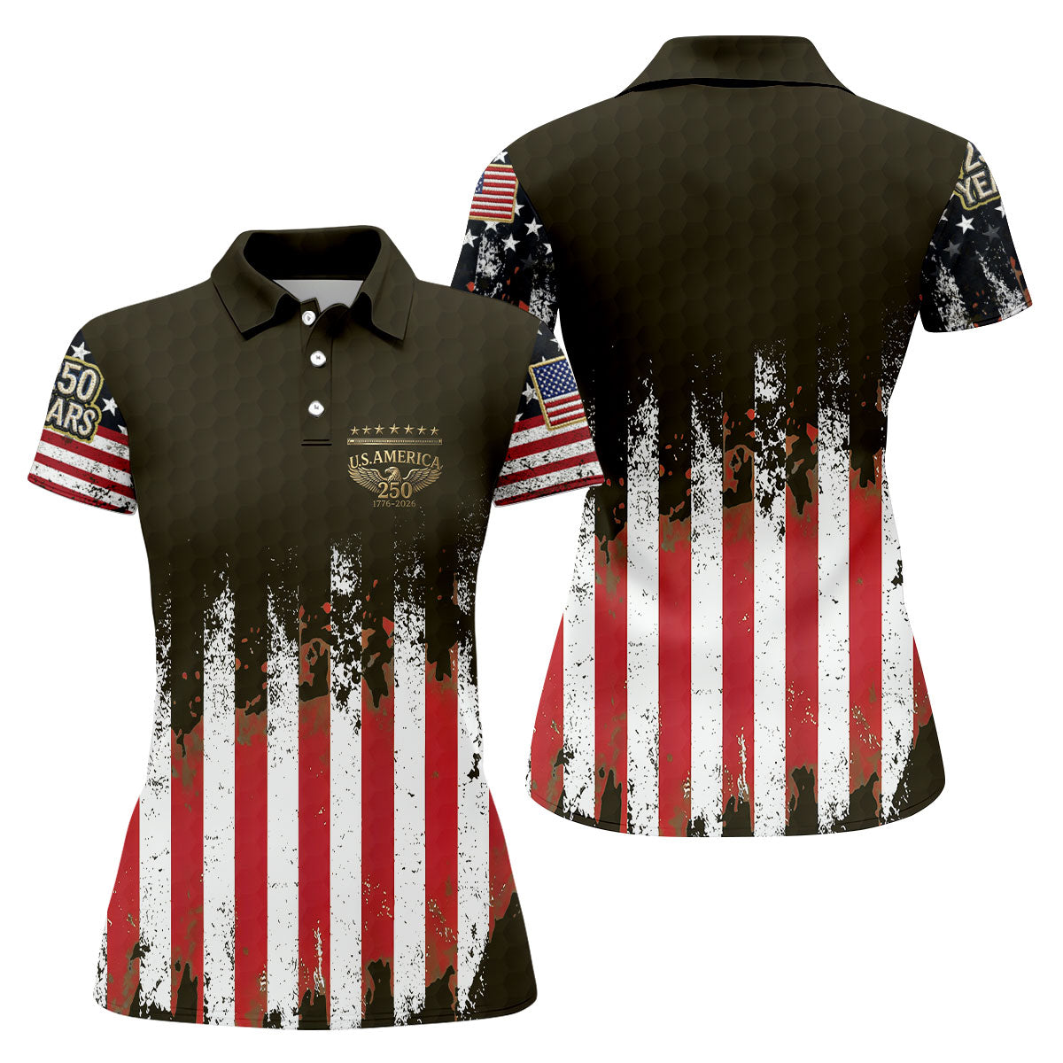 US Bald Eagle Golf Ball Pattern Distressed American Flag Women Golf Top, 250th Anniversary 4th Of July Golf Shirt