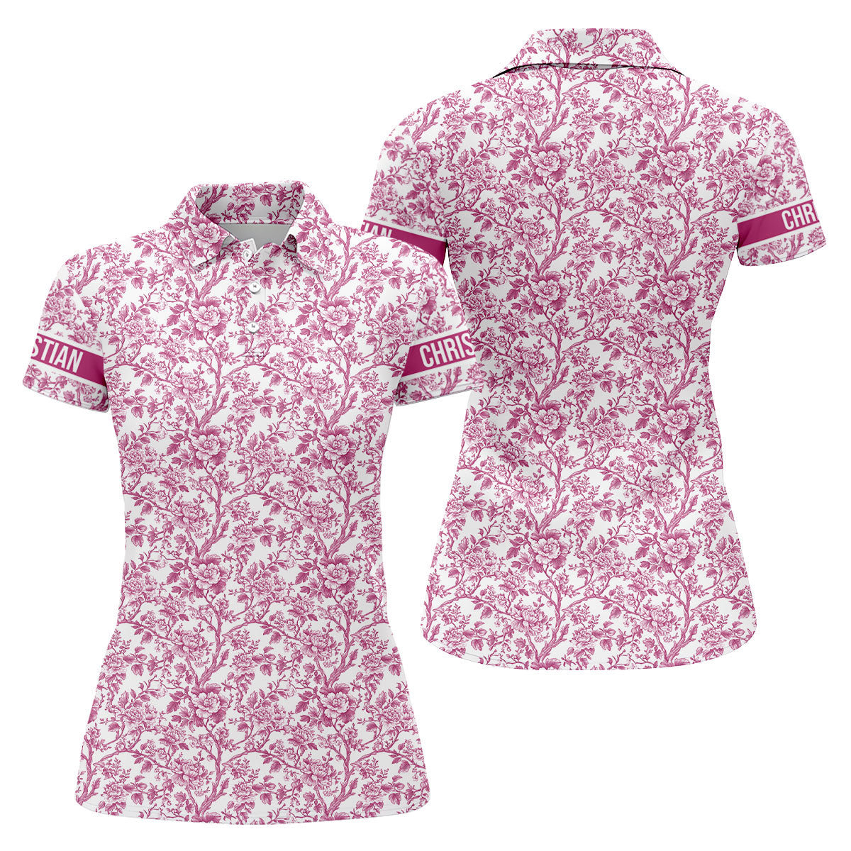 Toile De Jouy Pink Golf Shirt, Women's Golf Tops, Ladies Golf Shirts, Golf Gift For Ladies, Golf Shirt For Women