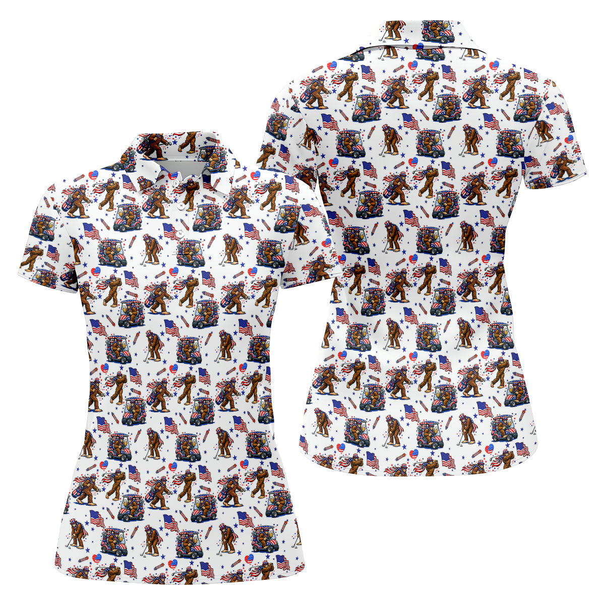 Funny Bigfoot 4th Of July With American Flag Pattern White Women Golf Top, 250th Anniversary Patriotic Golf Shirt