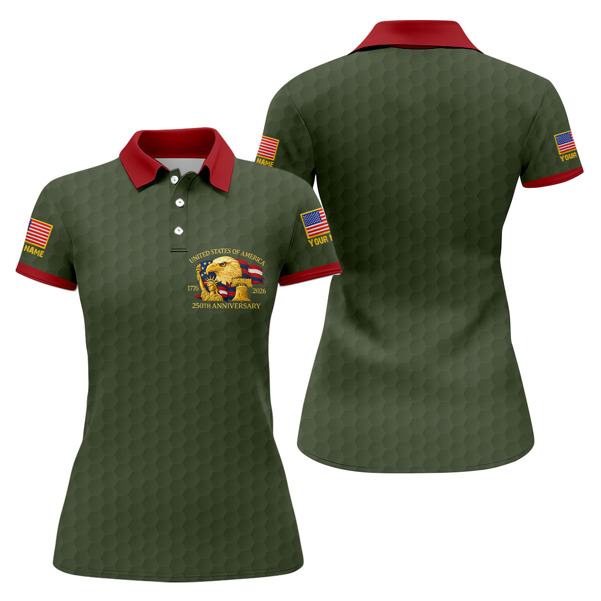 United States 250th Anniversary Patriotic Eagle Olive Custom Golf Shirts, 4th Of July Golf Shirt For Women