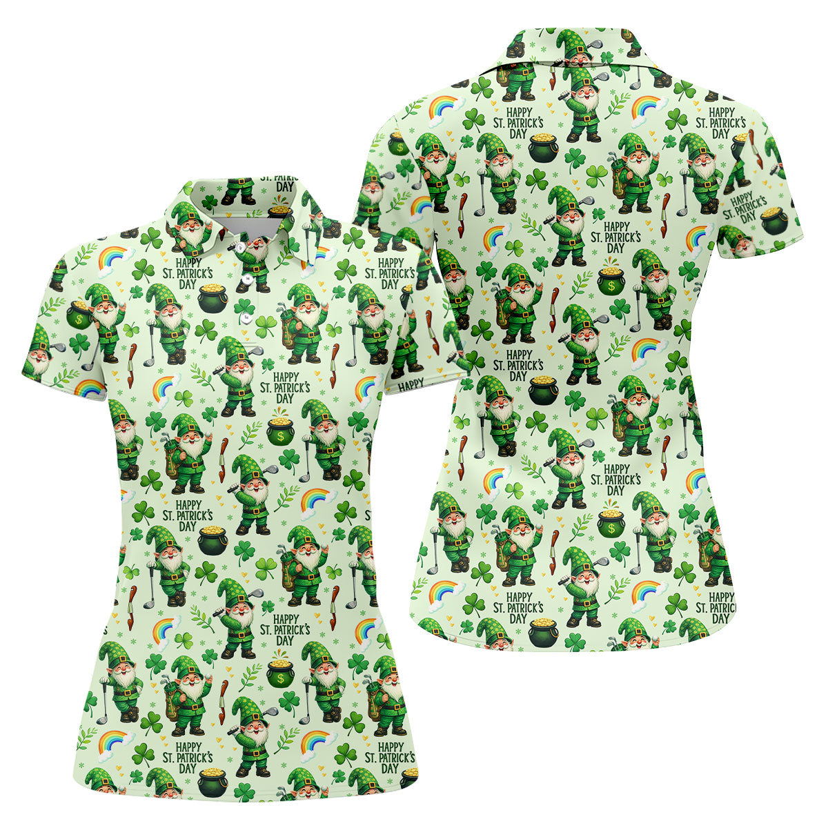 Happy St Patrick's Day Gnome Shamrock Golf Shirt, Funny Golf Shirts Women, Ladies Golf Polos