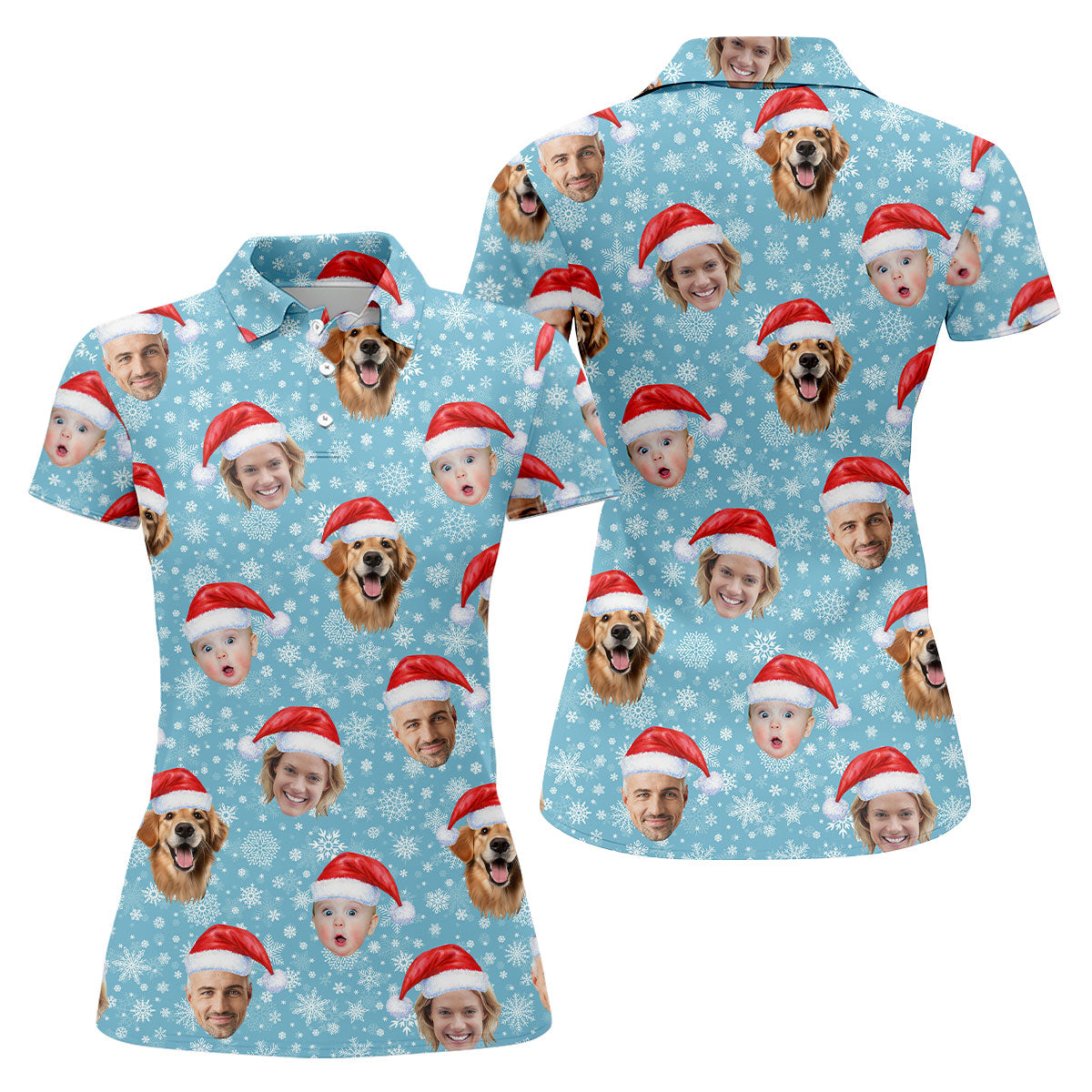 Custom Face Snowflakes Print Ice Blue Christmas Golf Shirt, Ladies Golf Shirts, Golf Gifts For Women