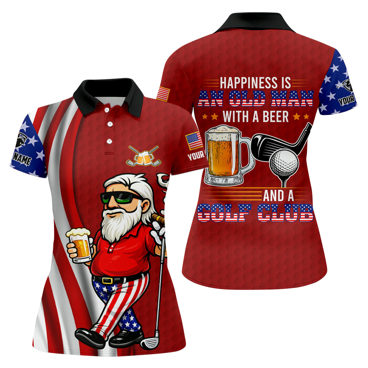 Happiness Is An Old Man With A Beer Funny 4th Of July Red Golf Shirt, 250th Anniversary Women's Golf Tops