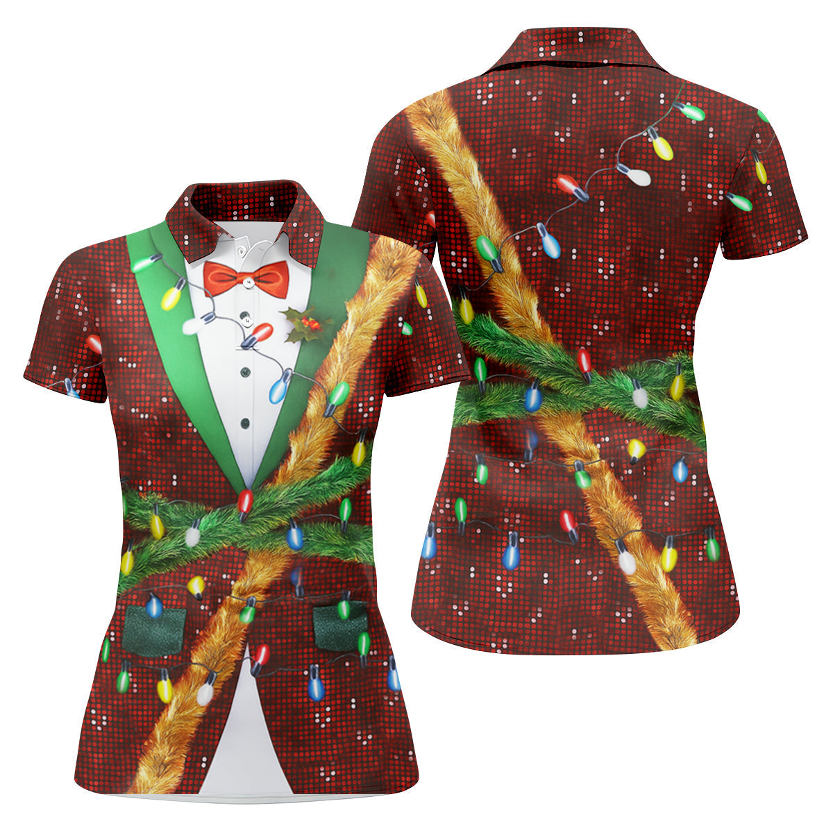Christmas Lights Disco Ball Pattern Women Golf Top, Christmas Golf Shirt, Ladies Golf Tops