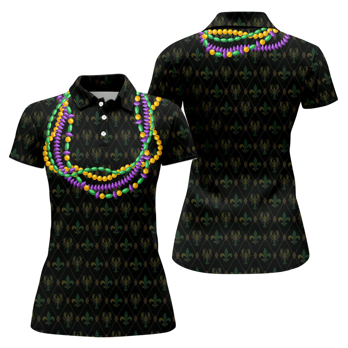 Mardi Gras Beads Chain Crawfish Fleur De Lis Black Golf Shirt, Women's Golf Tops, Ladies Golf Polos