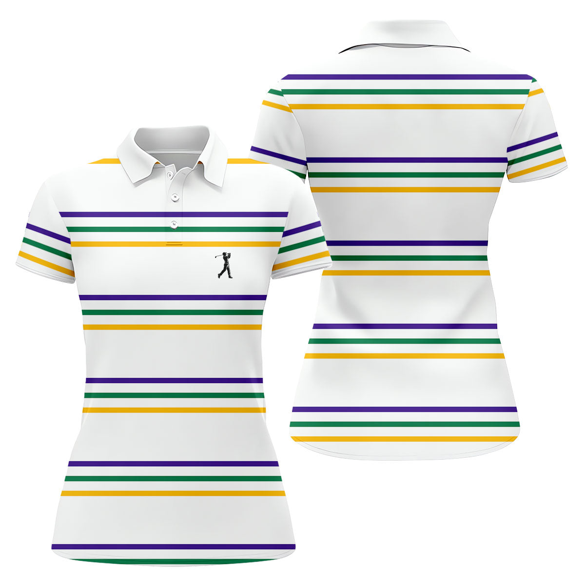 Mardi Gras Purple Green Gold Stripe Pattern Women White Golf Shirt, Ladies Golf Polos, Golf Shirt For Women