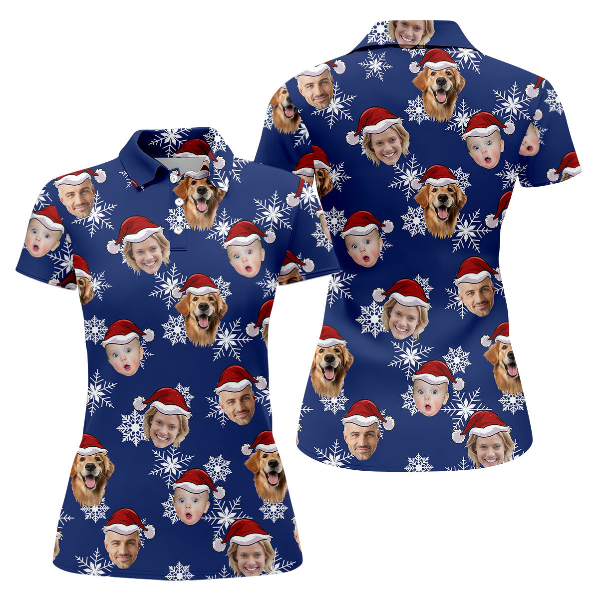 Custom Face Navy Christmas Women's Golf Tops, Ladies Golf Shirts, Christmas Golf Gift