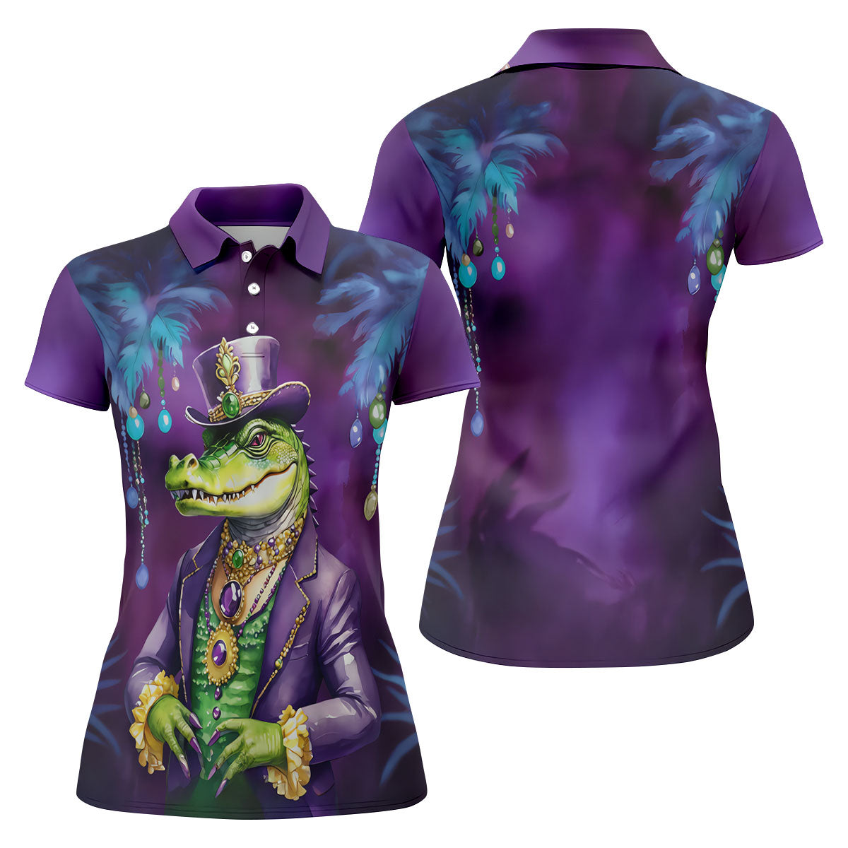 Mardi Gras Alligator Purple Golf Shirt, Fun Women's Golf Shirts, Women's Golf Tops, Ladies Golf Polos