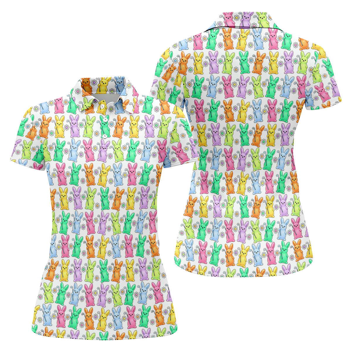 Colorful Easter Bunny White Golf Shirt, Cute Golf Outfit, Women's Golf Tops, Ladies Golf Shirts