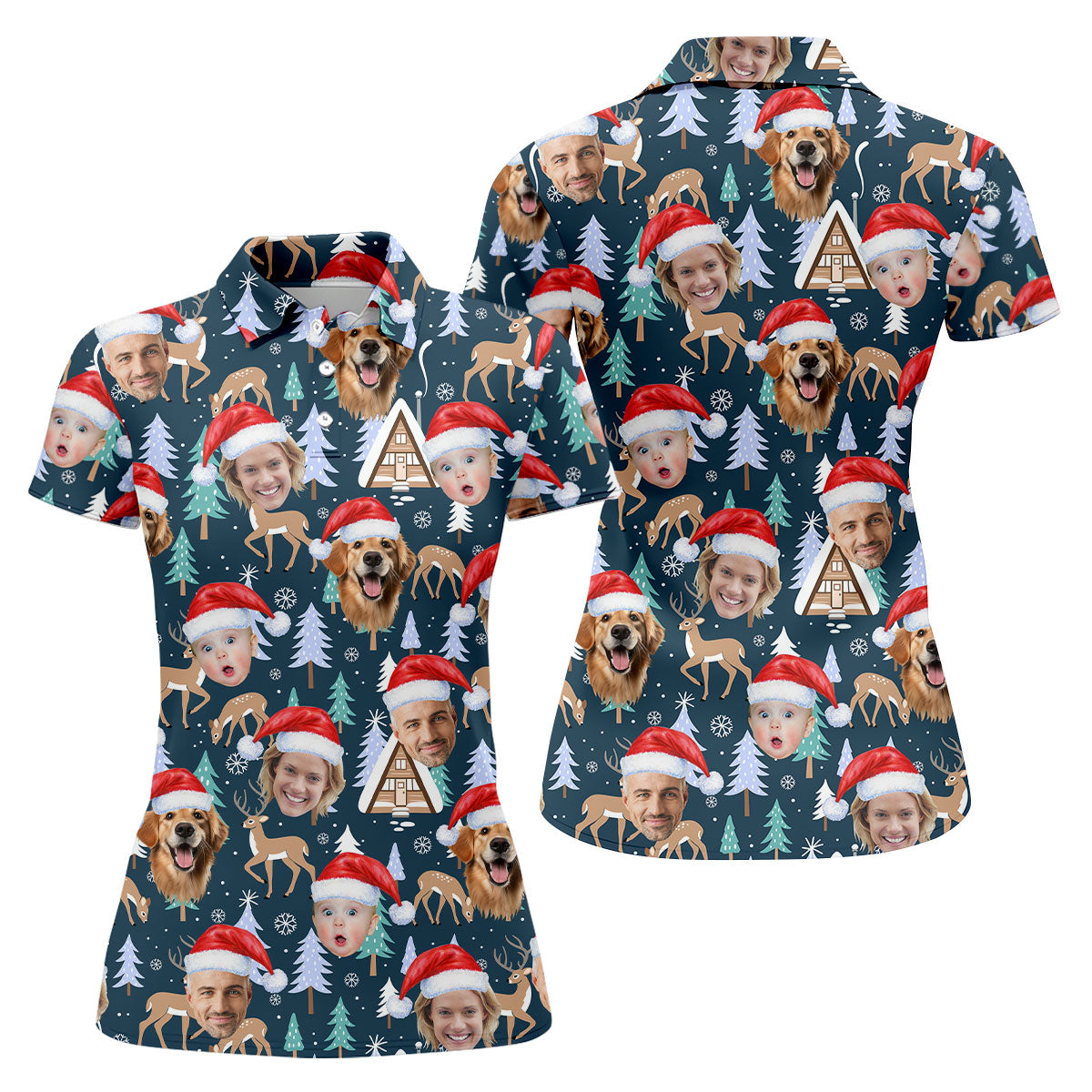 Custom Face Pine Tree Reindeer Dark Teal Green Christmas Golf Shirt, Golf Gifts For Women