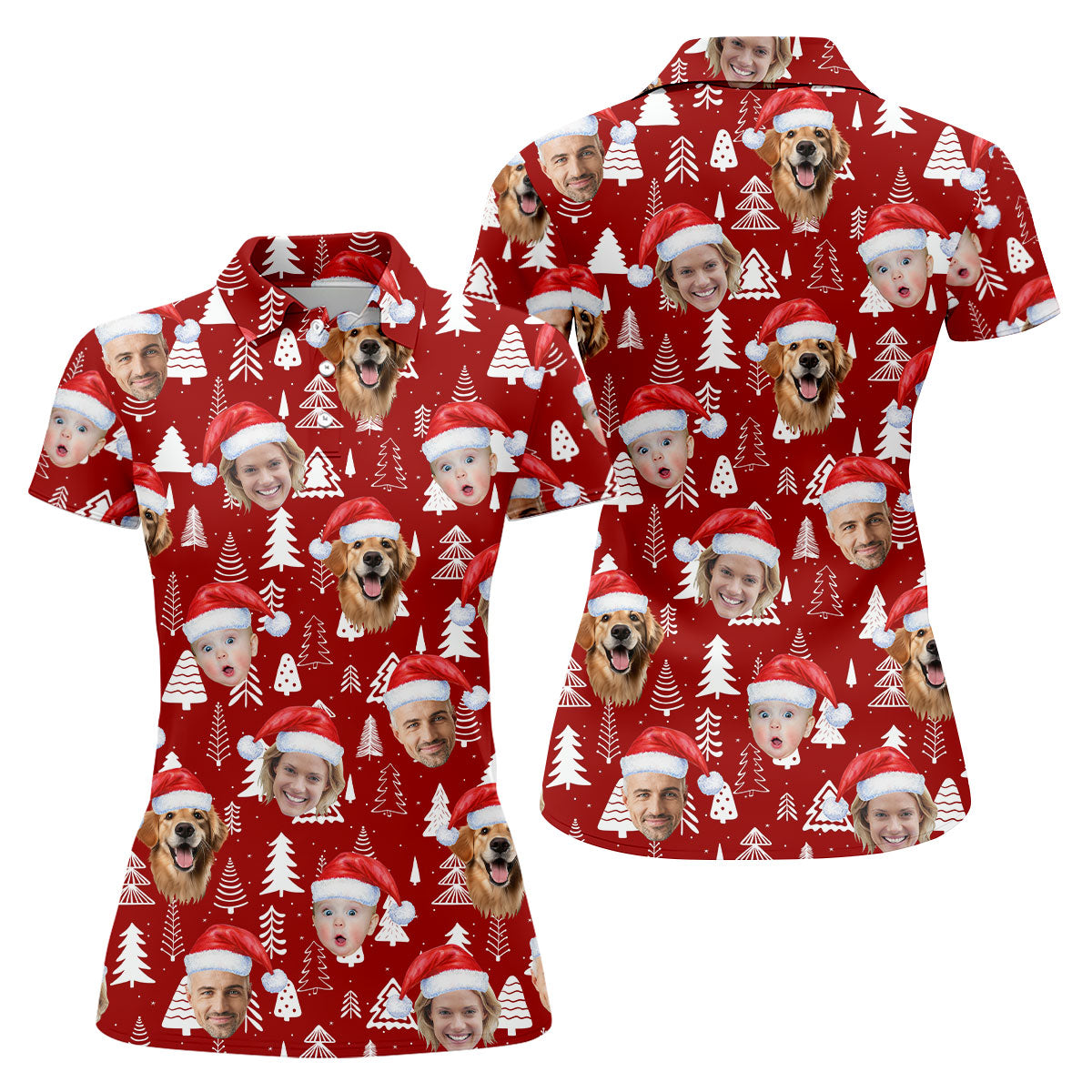 Custom Face Snow Pine Tree Red Golf Shirt, Christmas Golf Shirt, Women's Golf Tops, Golf Gift For Ladies
