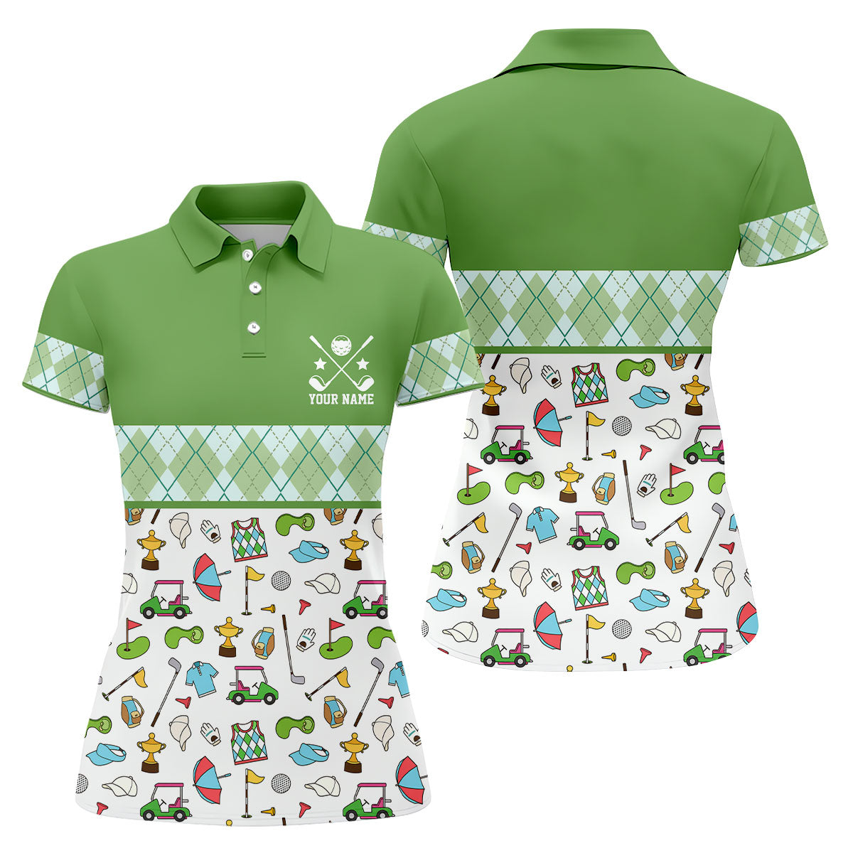 Custom Name Green Argyle Golf Icons Pattern Golf Shirt, Women’s Golf Polo, Golf Tops For Women, Printed Golf Shirt