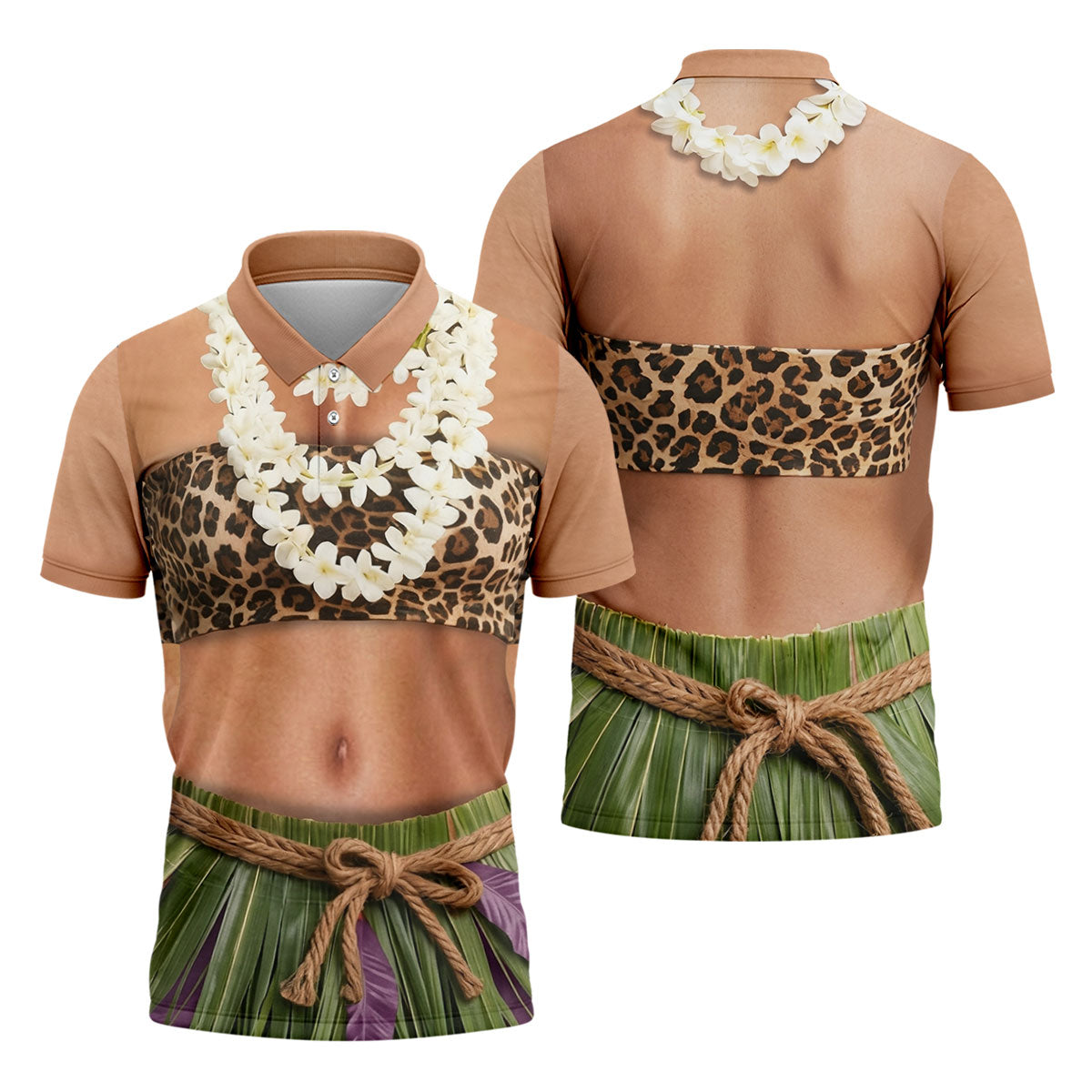 Floral Lei Tropical Theme Party Leopard Print Hawaiian Golf Shirt, Polo Shirts For Men