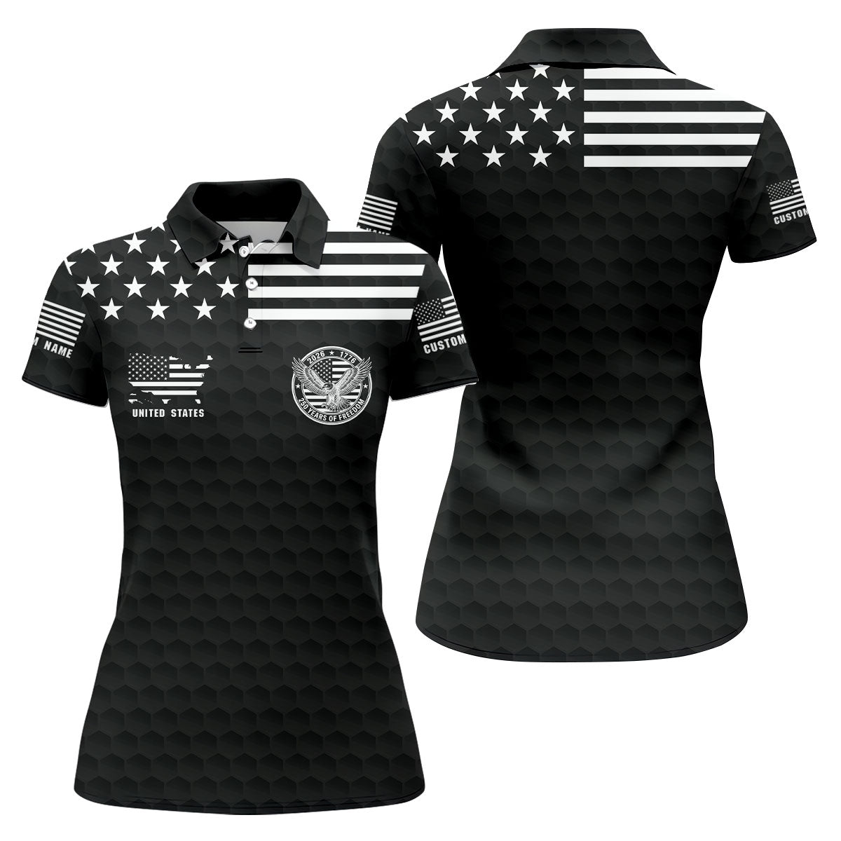 250 Years Of Freedom Golf Ball Pattern Black Golf Shirt, 4th Of July Patriotic Golf Shirt For Women