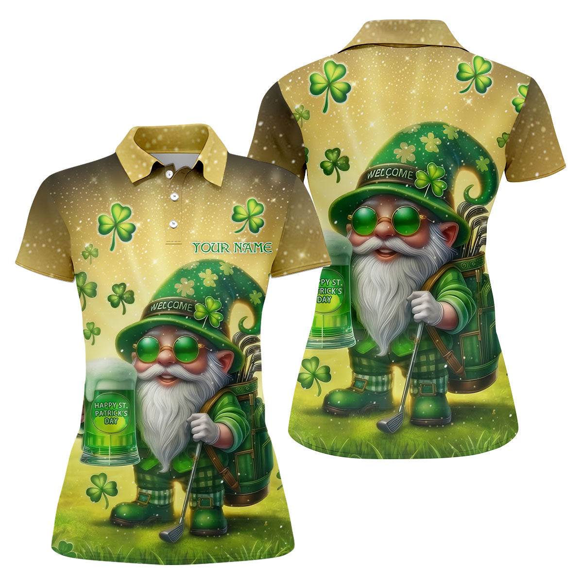 Happy St Patrick's Day Shamrock Gnome Golf And Beer Women's Golf Tops, Ladies Golf Polos