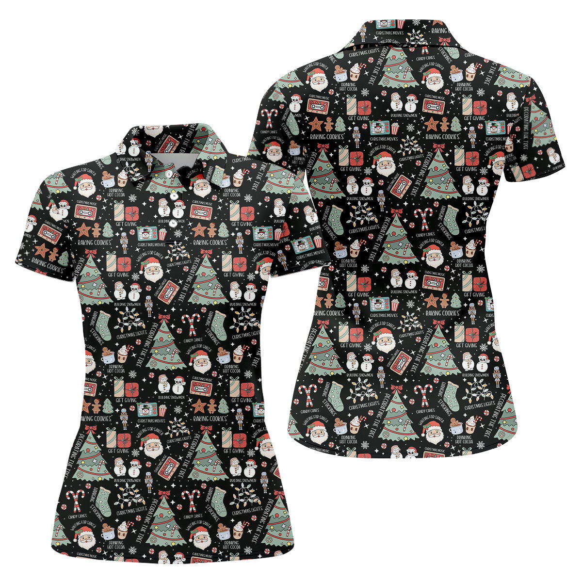 Cute Santa Claus Gift Black Women's Golf Tops, Christmas Golf Shirt, Golf Gift For Ladies