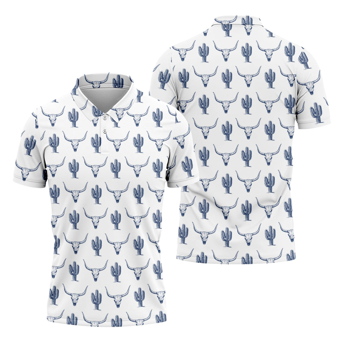Western Longhorn And Cactus Pattern Hawaiian Golf Shirt, Golf Shirts For Men, Polo Shirts For Men