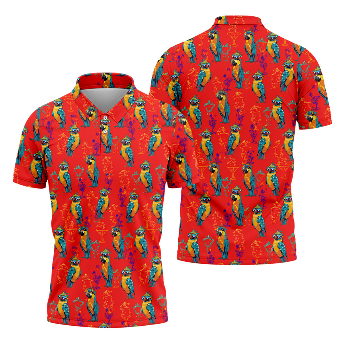 Red Parrot Sunglasses Cocktail Pattern Golf Shirt, Hawaiian Golf Shirt, Golf Shirts For Men, Mens Golf Apparel