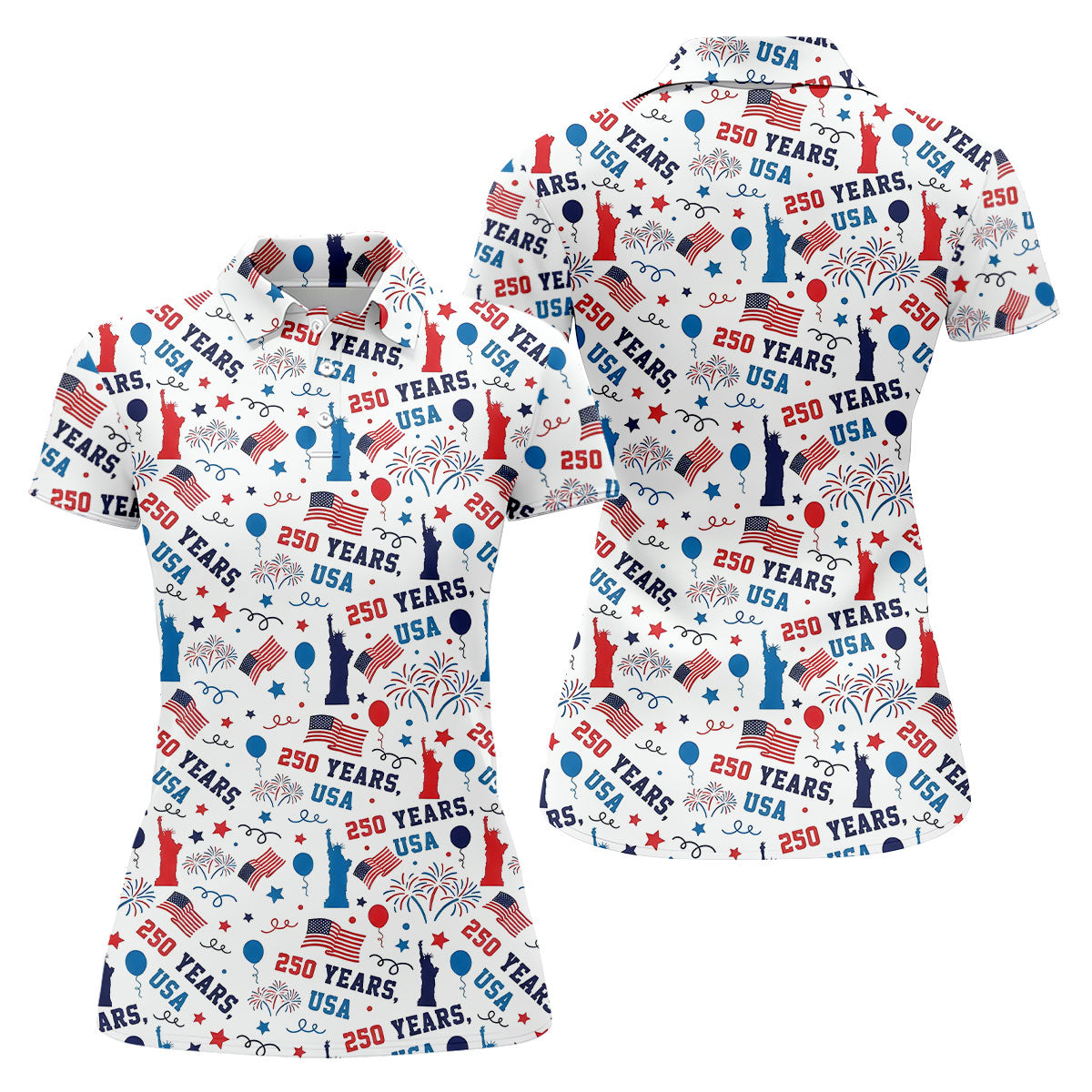 250 Years USA Red White Blue Seamless Pattern White Golf Shirt, Patriotic 4th Of July Golf Shirt For Women