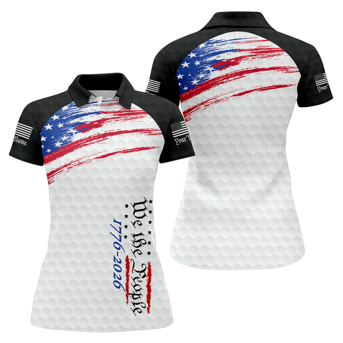 We The People 1776-2926 American Flag Brush Black Golf Shirt, 250 Years Patriotic 4th Of July Golf Shirt For Women